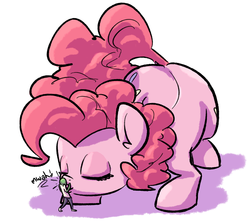 Size: 1224x1081 | Tagged: safe, artist:nobody, pinkie pie, oc, oc:anon, pony, g4, eyes closed, giant pony, giantess, kissing, macro, size difference, smiling