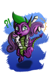 Size: 1024x1448 | Tagged: safe, artist:dinodraketakethecake, spike, sweetie belle, pony, unicorn, g4, carrying, cutie mark, dialogue, duo, female, male, older, ship:spikebelle, shipping, straight