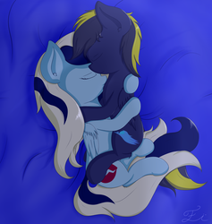 Size: 1800x1900 | Tagged: safe, artist:fluttair, oc, oc only, oc:thunderbolt, oc:witches, alicorn, pegasus, pony, alicorn oc, bed, cuddling, oc x oc, shipping, sleeping, snuggling