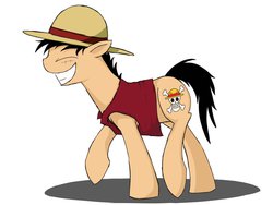 Size: 1024x768 | Tagged: safe, artist:scoot0i0i08, pony, monkey d. luffy, one piece, ponified, solo