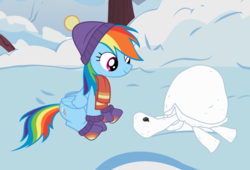 Size: 2200x1500 | Tagged: safe, artist:tizerfiction, rainbow dash, tank, g4, tanks for the memories, clothes, cute, female, hat, male, scarf, sitting, smiling, snow, snow tortoise, snowman, socks, solo, winter