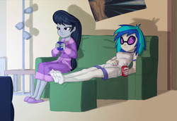 Size: 1220x837 | Tagged: safe, artist:carnifex, dj pon-3, octavia melody, vinyl scratch, equestria girls, g4, barefoot, bathrobe, clothes, coffee, commission, couch, feet, pajamas, sitting, slippers, smiling, soles, television, toes, watching