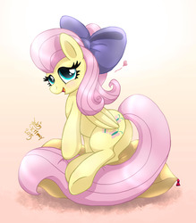 Size: 1050x1200 | Tagged: safe, artist:joakaha, fluttershy, pegasus, pony, g4, alternate hairstyle, bow, butt, female, hair bow, heart, looking at you, open mouth, pillow, plot, solo, underhoof