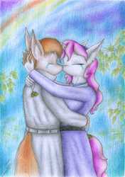 Size: 1961x2787 | Tagged: safe, artist:sinaherib, button mash, sweetie belle, anthro, g4, breasts, crying, female, kissing, male, older, rain, rainbow, ship:sweetiemash, shipping, straight, traditional art