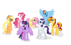 Size: 1024x648 | Tagged: safe, artist:theroyalartofna, applejack, fluttershy, pinkie pie, rainbow dash, rarity, sunset shimmer, twilight sparkle, alicorn, earth pony, pegasus, pony, unicorn, g4, alternate mane seven, female, mane six, mare, simple background, smiling, spread wings, twilight sparkle (alicorn), white background, wings