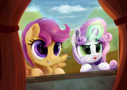 Size: 1422x1000 | Tagged: safe, artist:scootiebloom, scootaloo, sweetie belle, pegasus, pony, unicorn, appleoosa's most wanted, g4, :p, concentrating, cute, cutealoo, diasweetes, duo, female, filly, foal, glowing, glowing horn, horn, magic, scene interpretation, smiling, spread wings, sweetie belle's magic brings a great big smile, tongue out, window, wings