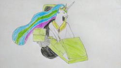 Size: 960x540 | Tagged: safe, artist:anonimo17, princess celestia, g4, charles xavier, female, professor x, simple background, solo, wheelchair, x-men