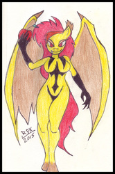 Size: 464x700 | Tagged: safe, artist:rdk, fluttershy, anthro, bats!, g4, apple, female, flutterbat, simple background, solo, traditional art