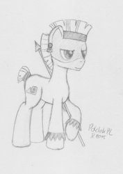 Size: 751x1063 | Tagged: safe, artist:poldekpl, temple chant, earth pony, pony, daring don't, g4, background pony, earring, face paint, male, monochrome, pencil drawing, piercing, sketch, solo, spear, stallion, traditional art, tribal, tribal pony