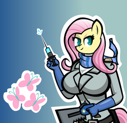 Size: 1024x992 | Tagged: artist needed, source needed, safe, fluttershy, anthro, g4, big breasts, bonesaw, breasts, busty fluttershy, clothes, cutie mark, female, fluttermedic, medic, medic (tf2), needle, parody, scarf, solo, syringe, team fortress 2