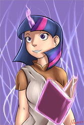 Size: 800x1200 | Tagged: safe, artist:atane27, twilight sparkle, human, g4, book, female, horn, horned humanization, humanized, levitation, magic, solo