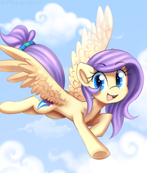 Size: 1700x2000 | Tagged: safe, artist:meotashie, oc, oc only, oc:stardust, pegasus, pony, cloud, eyebrows, eyebrows visible through hair, female, flying, looking at you, mare, open mouth, open smile, pegasus oc, sky, smiling, smiling at you, solo, spread wings, underhoof, wings