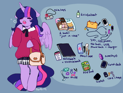 Size: 989x747 | Tagged: safe, artist:twirity, twilight sparkle, alicorn, anthro, g4, 3ds, arm hooves, bird feed, book, cellphone, clothes, disinfectant spray, earbuds, female, hairband, key, notebook, pencil, pencil case, phone, purse, sketchbook, solo, sweater, tarot card, twilight sparkle (alicorn), wallet, yawn