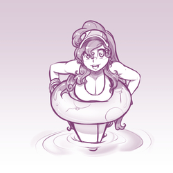 Size: 617x617 | Tagged: safe, artist:scorpdk, pinkie pie, human, g4, blushing, breasts, busty pinkie pie, cleavage, clothes, female, humanized, inner tube, looking at you, monochrome, open mouth, smiling, smiling at you, solo, swimsuit