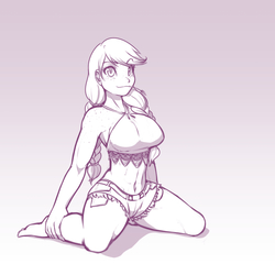 Size: 960x960 | Tagged: safe, artist:scorpdk, applejack, human, g4, barefoot, belly button, breasts, busty applejack, clothes, daisy dukes, eyebrows, eyebrows visible through hair, feet, female, freckles, humanized, kneeling, looking at you, midriff, monochrome, raised eyebrow, shorts, shoulder freckles, smiling, smiling at you, solo