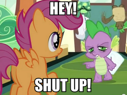 Size: 664x500 | Tagged: safe, screencap, scootaloo, spike, g4, drunk, drunker spike, image macro, meme, shut up, stoner spike