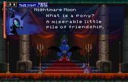 Size: 639x412 | Tagged: safe, nightmare moon, twilight sparkle, ponyvania, g4, carpet, castle, castlevania, castlevania: symphony of the night, image macro, meme, red carpet, retro, text, throne, throne room, video game, what is a man