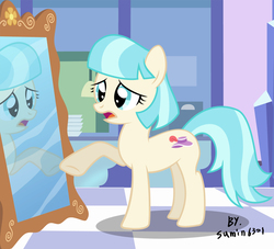 Size: 1409x1277 | Tagged: safe, artist:sumin6301, coco pommel, earth pony, pony, g4, female, frown, mare, mirror, missing accessory, open mouth, pointing, solo