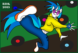 Size: 1000x685 | Tagged: safe, artist:rdk, dj pon-3, vinyl scratch, anthro, g4, breakdancing, dancing, digital art, female, solo