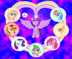 Size: 1933x1585 | Tagged: safe, artist:majkashinoda626, applejack, fluttershy, pinkie pie, rainbow dash, rarity, spike, sunset shimmer, twilight sparkle, alicorn, pony, g4, alternate mane seven, female, mane seven, mane six, mare, twilight sparkle (alicorn)