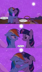 Size: 1280x2160 | Tagged: safe, artist:somepony, rainbow dash, twilight sparkle, pegasus, pony, unicorn, g4, bedroom eyes, cliff, comic, corny, cute, eye contact, female, floppy ears, full moon, hug, kissing, lesbian, lidded eyes, looking at each other, mare, moon, mountain, night, open mouth, picnic basket, ship:twidash, shipping, sitting, smiling, stars, winghug