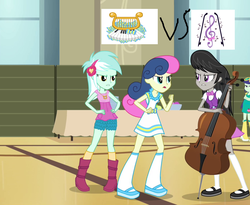 Size: 870x714 | Tagged: safe, screencap, blueberry cake, bon bon, lyra heartstrings, octavia melody, sweetie drops, equestria girls, g4, my little pony equestria girls: rainbow rocks, argument, background human, canterlot high, cello, gymnasium, musical instrument