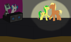 Size: 1024x614 | Tagged: safe, artist:allonsbro, apple fritter, dj pon-3, meadow song, neon lights, rising star, vinyl scratch, g4, apple family member, fanfic, female, kissing, male, meadowfritter, ship:vinylights, shipping, straight