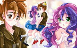 Size: 1923x1195 | Tagged: safe, artist:kiriche, button mash, sweetie belle, human, g4, blushing, clothes, crying, female, humanized, male, ship:sweetiemash, shipping, skirt, straight