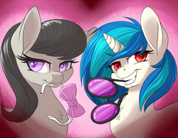 Size: 1000x777 | Tagged: safe, artist:pusspuss, dj pon-3, octavia melody, vinyl scratch, earth pony, pony, unicorn, g4, bowtie, chest fluff, duo, duo female, female, horn, looking at you, mare, mouth hold, octavia's bowtie, red eyes, smiling, smiling at you, teeth, vinyl's glasses, wrong eye color