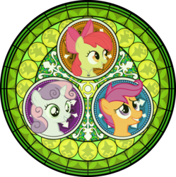 Size: 5250x5262 | Tagged: safe, artist:agryx, apple bloom, scootaloo, sweetie belle, g4, absurd resolution, cutie mark crusaders, disney, dive to the heart, kingdom hearts, stained glass