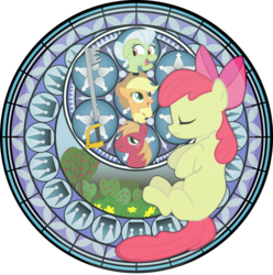 Size: 5250x5297 | Tagged: safe, artist:agryx, apple bloom, applejack, big macintosh, granny smith, earth pony, pony, g4, absurd resolution, disney, dive to the heart, kingdom hearts, kingdom key, male, stained glass, stallion