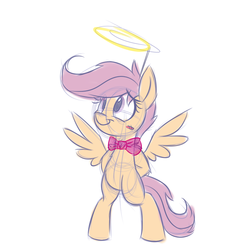 Size: 800x800 | Tagged: safe, artist:heir-of-rick, scootaloo, pony, g4, bipedal, blushing, bowtie, female, halo, sketch, solo