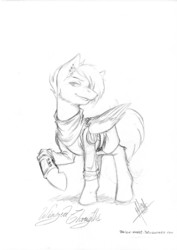 Size: 3308x4679 | Tagged: safe, artist:balck-angel, oc, oc only, oc:wingedthoughts, pegasus, pony, fallout equestria, monochrome, pipbuck, pose, smiling