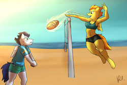 Size: 3000x2000 | Tagged: safe, artist:bluecoffeedog, soarin', spitfire, anthro, unguligrade anthro, g4, armpits, beach, beach ball, belly button, high res, midriff, outdoors, sky, sweat, water