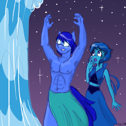 Size: 1280x1280 | Tagged: safe, artist:naomiknight17, oc, oc:agua, earth pony, gem (race), anthro, armpits, askthesixelementals, clothes, crossover, duo, duo male and female, female, hydrokinesis, lapis lazuli (steven universe), male, midriff, partial nudity, skirt, stallion, steven universe, topless, water, waterbending