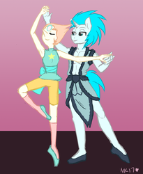 Size: 1272x1548 | Tagged: safe, artist:naomiknight17, oc, oc:cryo, gem (race), unicorn, anthro, plantigrade anthro, armpits, crossover, dancing, duo, duo male and female, female, gem, ice, male, pearl, pearl (steven universe), stallion, steven universe