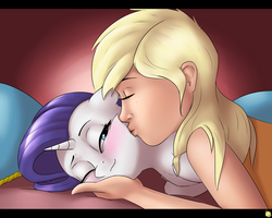 Size: 3000x2400 | Tagged: safe, artist:captainpudgemuffin, applejack, rarity, human, pony, unicorn, g4, bed, bedroom eyes, blushing, cheek kiss, cute, eyes closed, female, floppy ears, fluffy, high res, human on pony snuggling, humanized, interspecies, kissing, lesbian, mare, on side, one eye closed, raribetes, rubbing, ship:rarijack, shipping, smiling, snuggling, wink