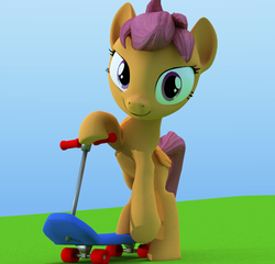 Size: 1126x1080 | Tagged: safe, artist:3d thread, scootaloo, g4, 3d, 3d model, blender, female, looking at you, scooter, smiling, solo