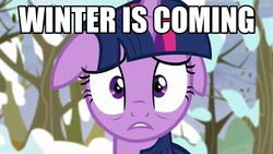 Size: 1920x1080 | Tagged: safe, edit, screencap, twilight sparkle, alicorn, pony, g4, tanks for the memories, female, floppy ears, image macro, mare, meme, solo, thanks m.a. larson, twilight sparkle (alicorn), twilight starkle, winter is coming