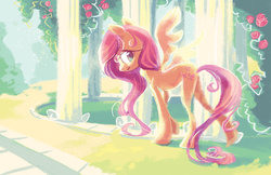 Size: 1024x663 | Tagged: safe, artist:bedupolker, fluttershy, g4, bright, female, looking at you, looking back, pretty, skinny, solo, spread wings, thin, walking