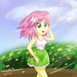 Size: 1500x1508 | Tagged: safe, artist:sumin6301, fluttershy, equestria girls, g4, alternate hairstyle, clothes, female, short hair, skirt, solo, tank top, wind
