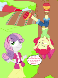 Size: 3860x5148 | Tagged: safe, artist:tagman007, apple bloom, sweetie belle, equestria girls, g4, belly button, boots, clothes, hanging, hung upside down, jeans, midriff, shoes, shorts, shrug, snare trap, sweet apple acres, sweetiedumb, unamused, upside down