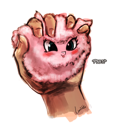 Size: 608x662 | Tagged: safe, artist:lumineko, oc, oc only, oc:fluffle puff, human, :p, blushing, cute, flufflebetes, hand, in goliath's palm, micro, ocbetes, smiling, stress ball, tongue out, weapons-grade cute
