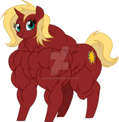 Size: 1024x1051 | Tagged: safe, artist:angel-wing101, oc, oc only, oc:gutsyboom, pony, unicorn, deviantart watermark, female, mare, muscles, obtrusive watermark, overdeveloped muscles, solo, watermark