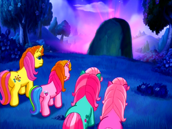 Size: 640x480 | Tagged: safe, screencap, brights brightly, minty, pinkie pie (g3), rarity (g3), a very pony place, come back lily lightly, g3, glowing, night, rock