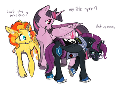 Size: 1240x877 | Tagged: safe, artist:spectralunicorn, sunset shimmer, twilight sparkle, oc, oc:nyx, alicorn, pony, unicorn, g4, alicorn oc, clothes, cloven hooves, converse, earring, emo phase, female, frown, glasses, grin, grumpy, it's not a phase, lesbian, older, piercing, raised hoof, ship:sunsetsparkle, shipping, shoes, smiling, twilight sparkle (alicorn), unshorn fetlocks, vest