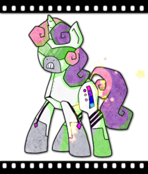 Size: 518x608 | Tagged: artist needed, source needed, safe, sweetie belle, pony, robot, unicorn, g4, female, filly, foal, hooves, horn, simple background, solo, sweetie bot, teeth, white background