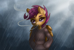 Size: 8332x5644 | Tagged: safe, artist:pitchyy, scootaloo, anthro, g4, absurd resolution, cigarette, female, rain, smoking, solo