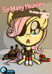 Size: 2480x3508 | Tagged: safe, artist:az-derped-unicorn, fluttershy, g4, alcohol, cover, crossover, demoman, eyepatch, female, high res, parody, solo, team fortress 2, video game