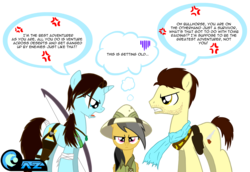 Size: 3286x2265 | Tagged: safe, artist:az-derped-unicorn, daring do, g4, bow (weapon), crossover, engrish, gun, high res, hilarious in hindsight, holster, lara croft, nathan drake, pistol, ponified, speech bubble, tomb raider, uncharted, video game, weapon
